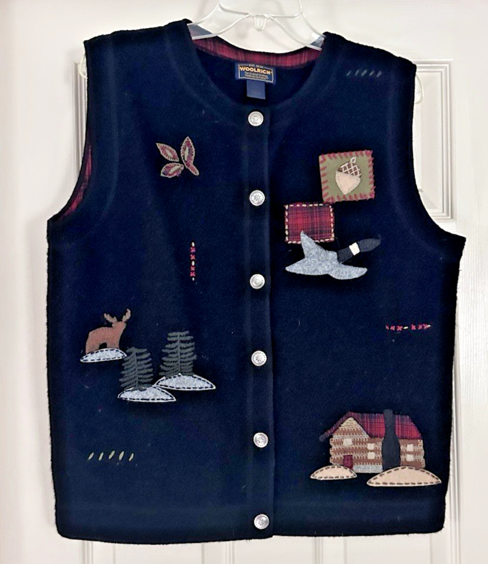 Woolrich Goose Moose Cabin Patchwork Black Wool Sweater Vest Women’s Size L